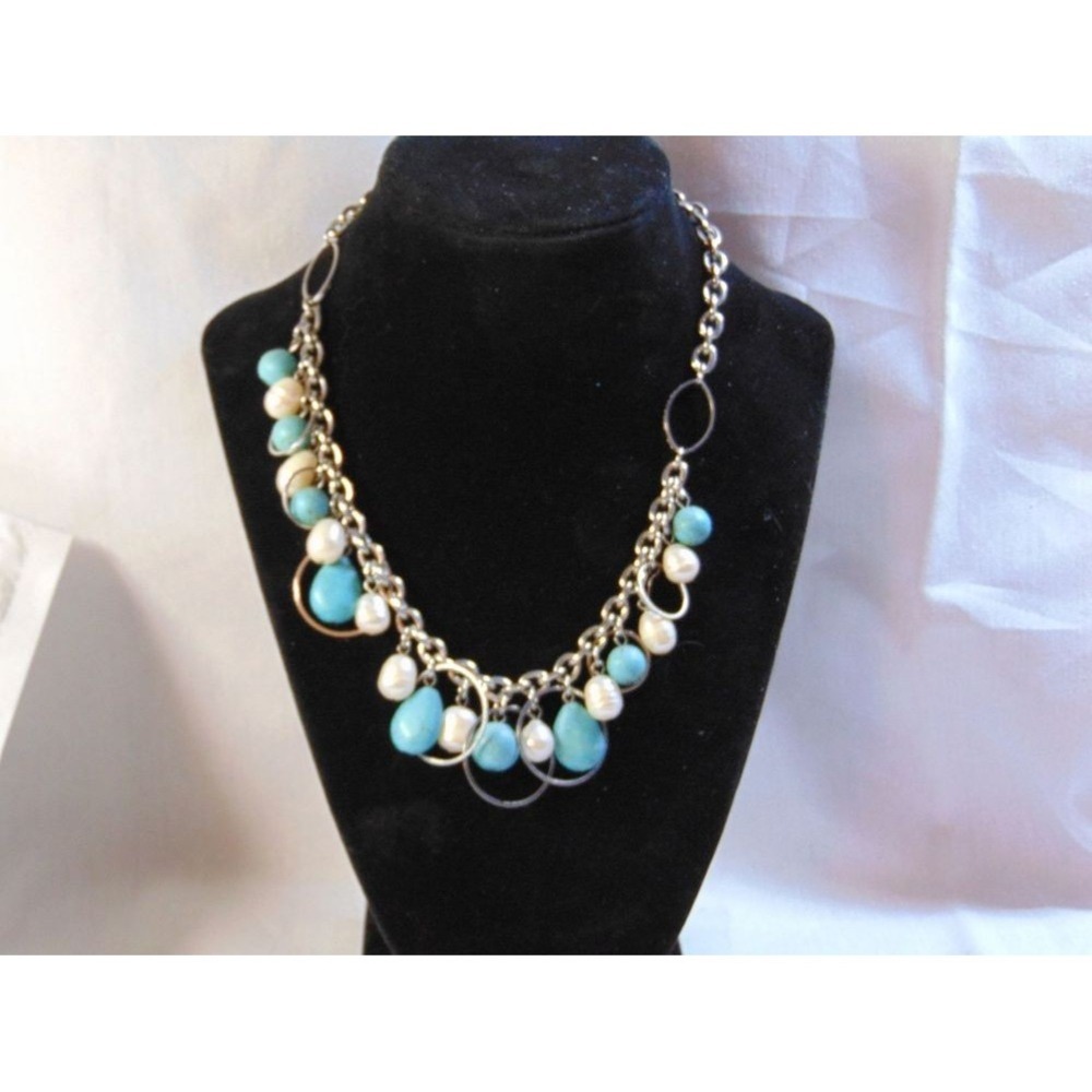LIA SOPHIA STATEMENT NECKLACE WOMEN 19IN SILVER TURQUOISE PEARL EXCELLENT DANGLE - Picture 3 of 6